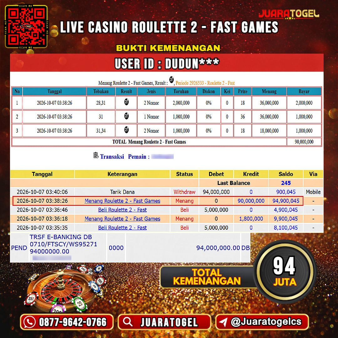  JUARATOGEL JACKPOT LIVE CASINO ROULETTE 2 - FAST GAMES Rp 94.000.000,- LUNAS USER ID : DUDUN***