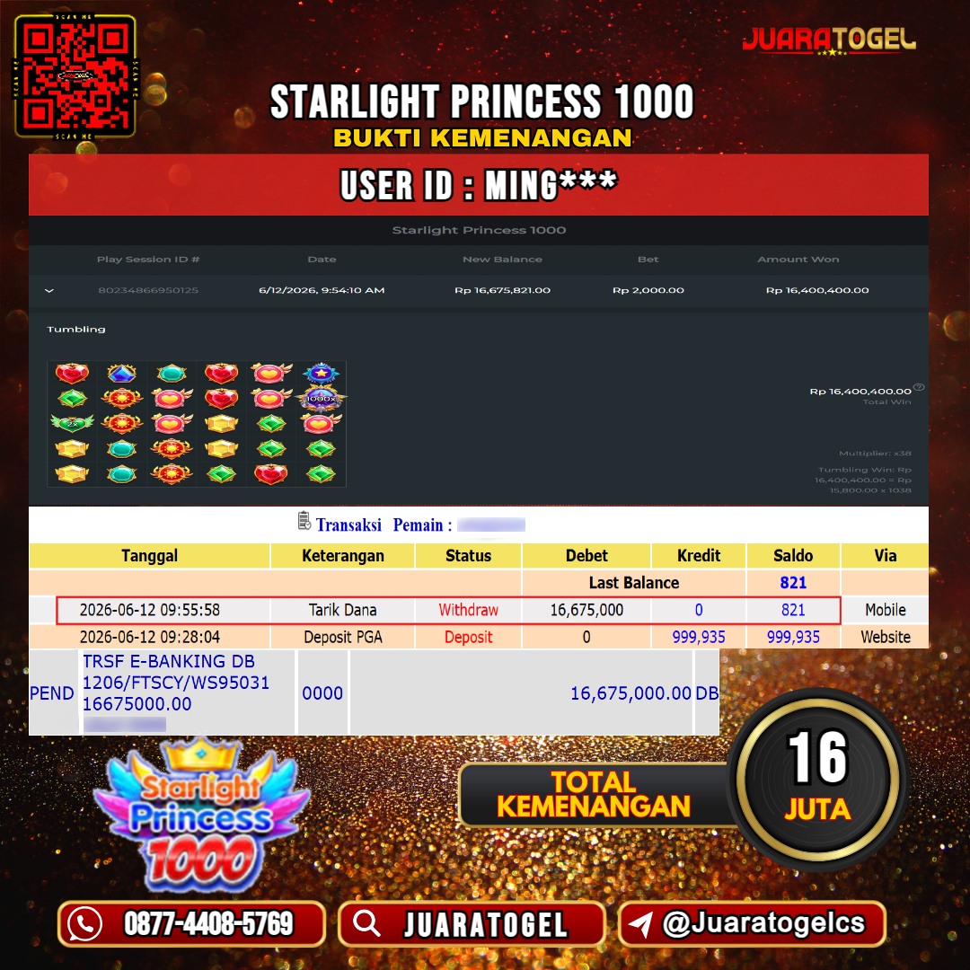   JUARATOGEL JACKPOT SLOT STARLIGHT PRINCESS 1000 Rp 16.000.000,- LUNAS USER ID : MIN***