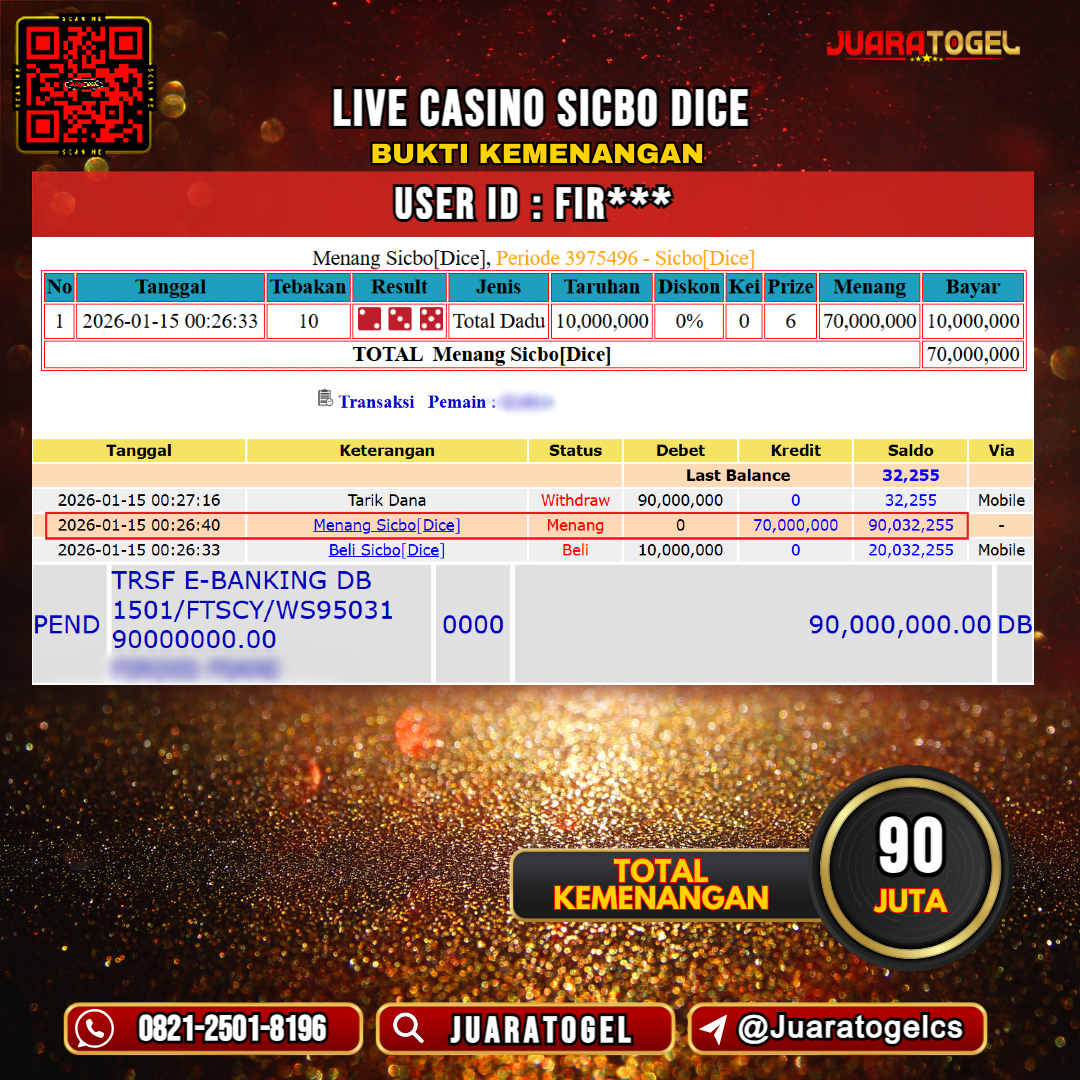    JUARATOGEL JACKPOT LIVE CASINO SICBO DICE Rp 90.000.000,- LUNAS USER ID: FIR***