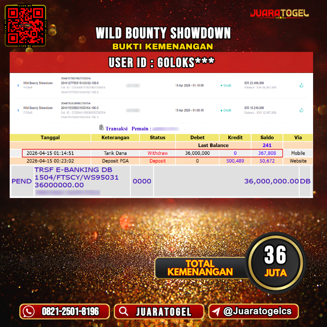 JUARATOGEL JACKPOT SLOT WILD BOUNTY SHOWDOWN Rp 36.000.000,- LUNAS USER ID: GOLOKS***