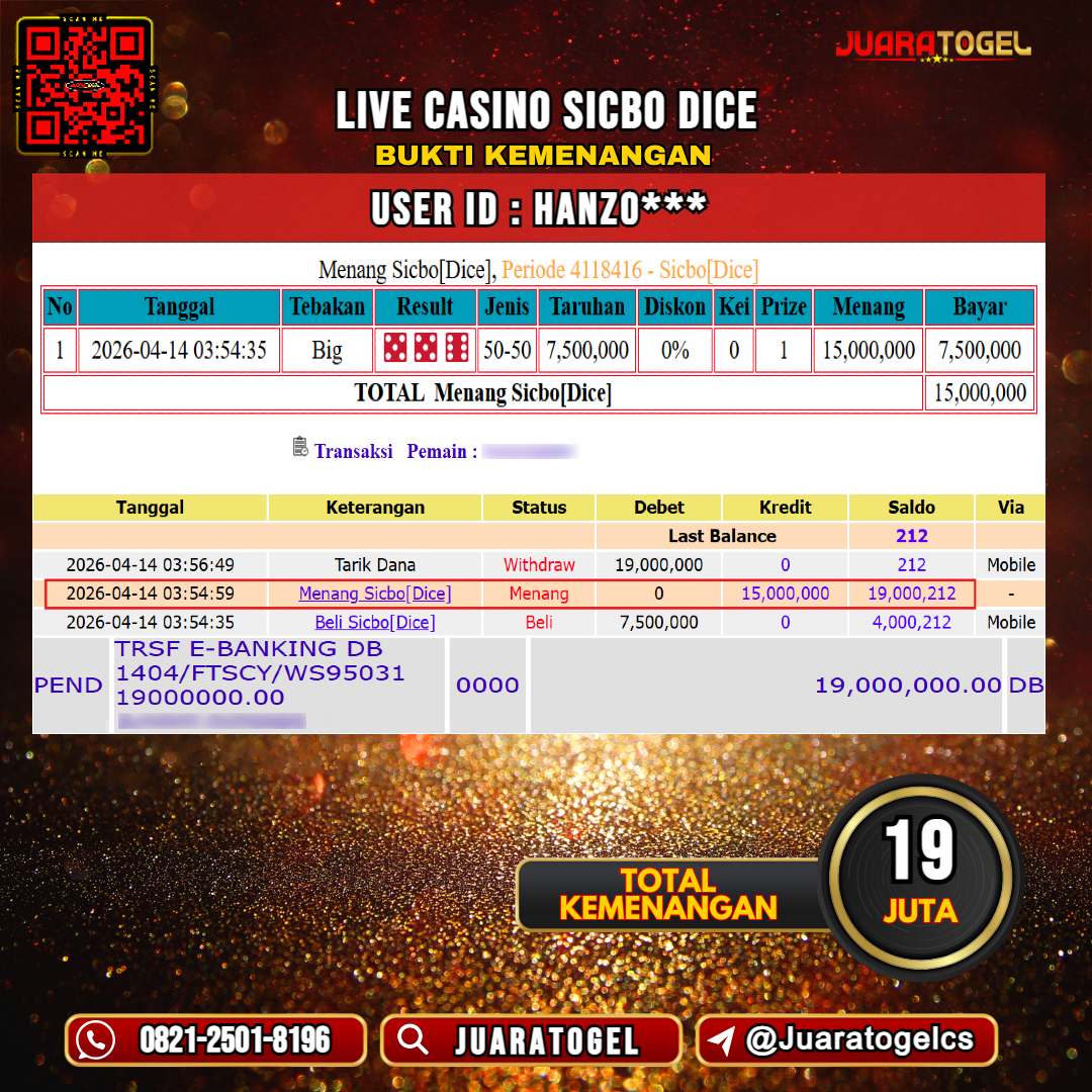 JUARATOGEL JACKPOT LIVE CASINO SICBO DICE Rp 19.000.000,- LUNAS USER ID: HANZO***