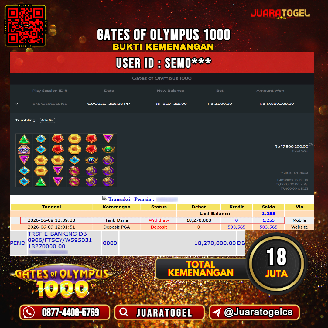  JUARATOGEL JACKPOT SLOT GATES OF OLYMPUS 1000 Rp 18.000.000,- LUNAS USER ID : SEMO***
