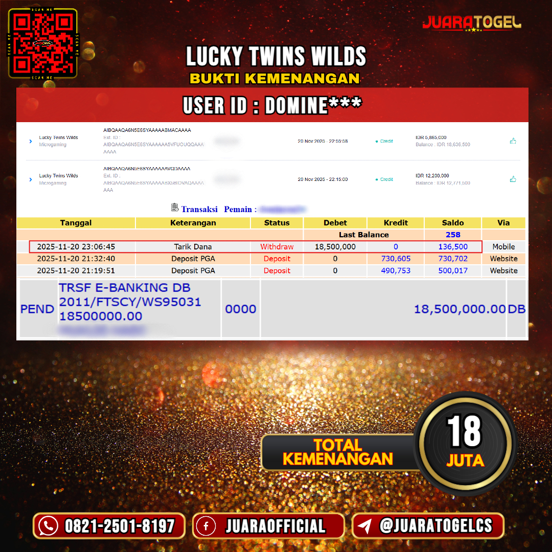   JUARATOGEL JACKPOT SLOT LUCKY TWINS WILDS Rp 18.000.000,- LUNAS USER ID: DOMINE***