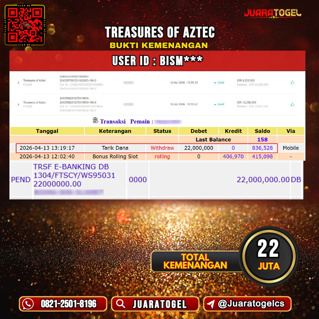 JUARATOGEL JACKPOT SLOT TREASURES OF AZTEC Rp 22.000.000,- LUNAS USER ID: BISM***