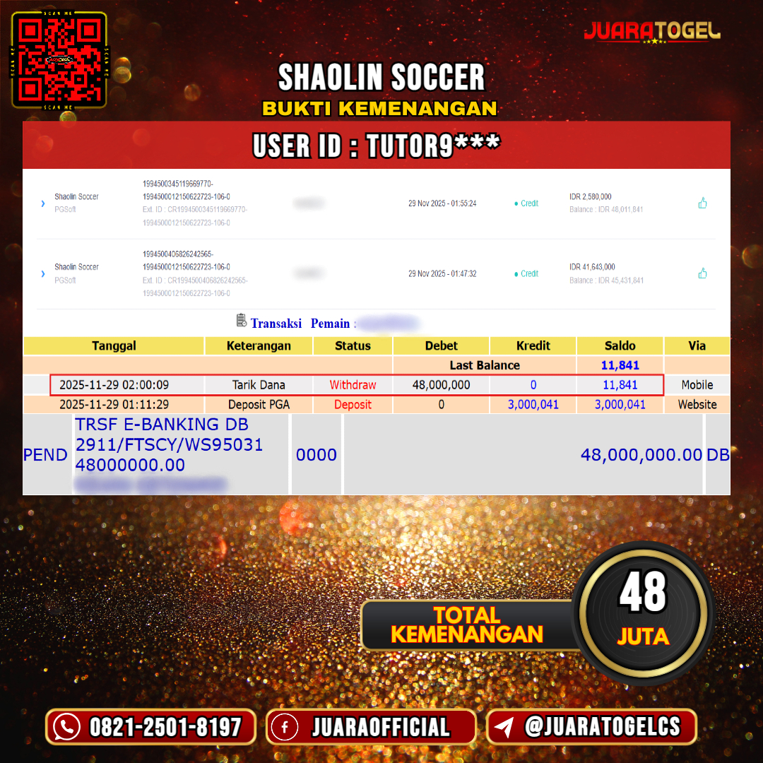  JUARATOGEL JACKPOT SLOT SHAOLIN SOCCER Rp 48.000.000,- LUNAS USER ID: TUTOR9***