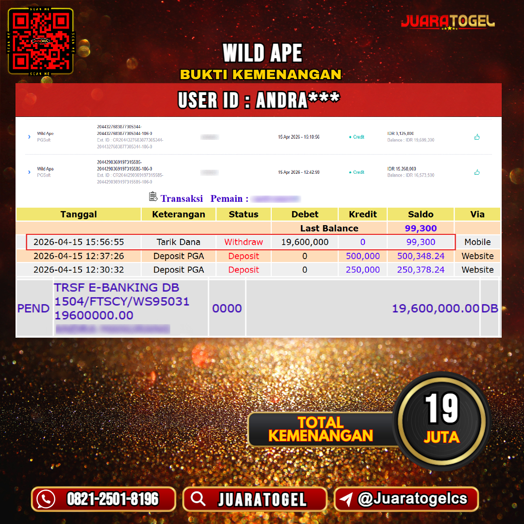 JUARATOGEL JACKPOT SLOT WILD APE Rp 19.000.000,- LUNAS USER ID: ANDRA***