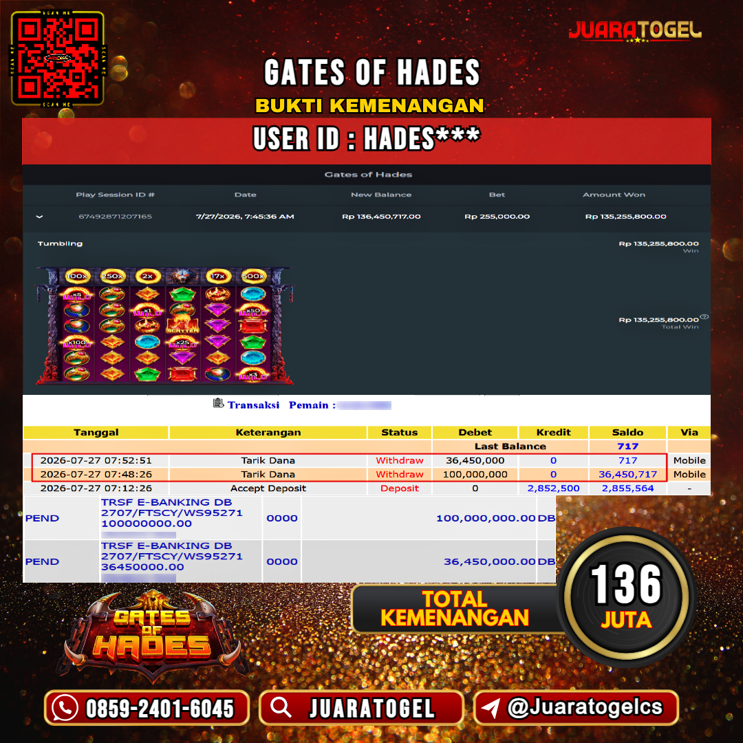 JUARATOGEL JACKPOT SLOT GATES OF HADES Rp 136.000.000,- LUNAS USER ID : HADES***