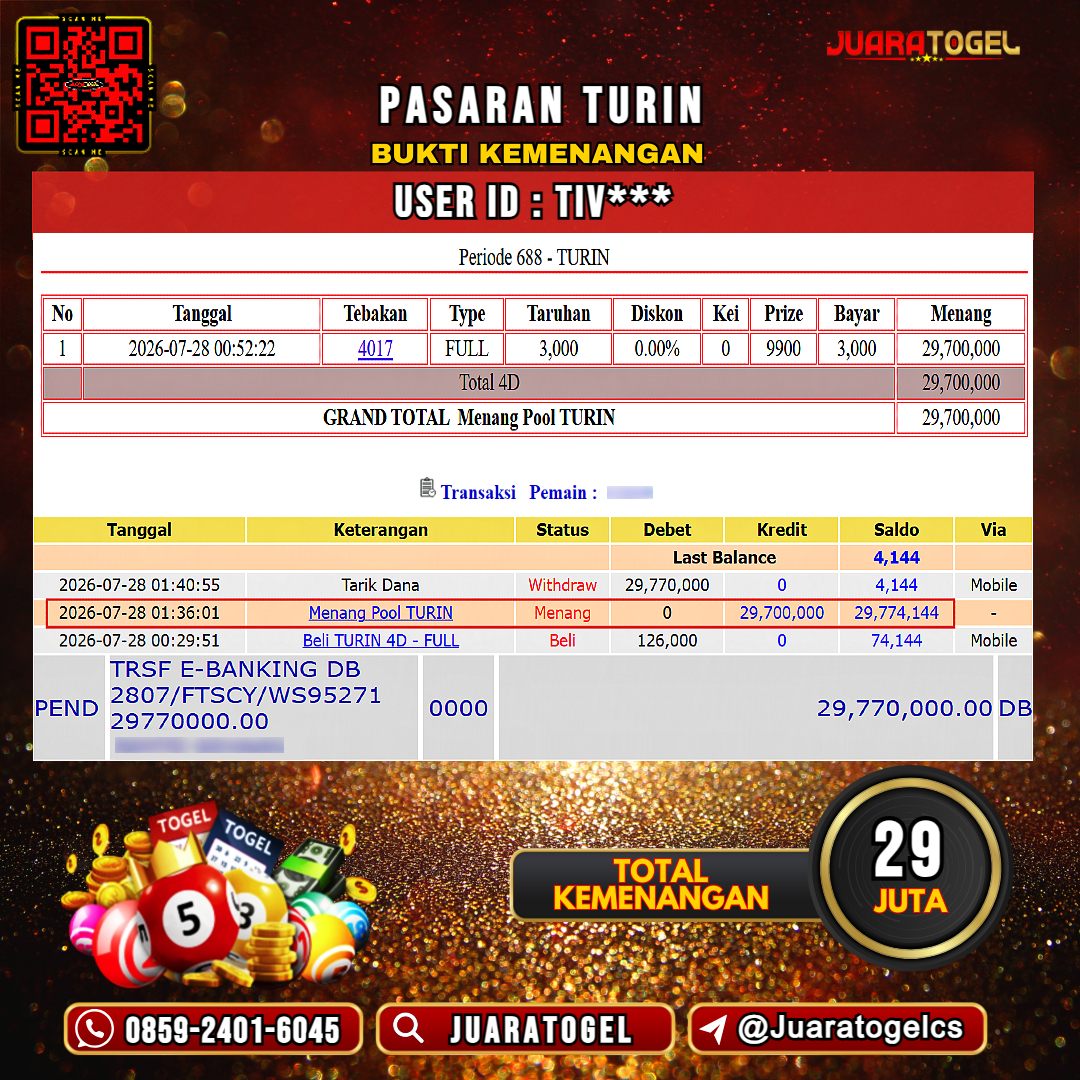 JUARATOGEL JACKPOT TOGEL PASARAN TURIN  Rp 29.000.000,- LUNAS USER ID : TIV***