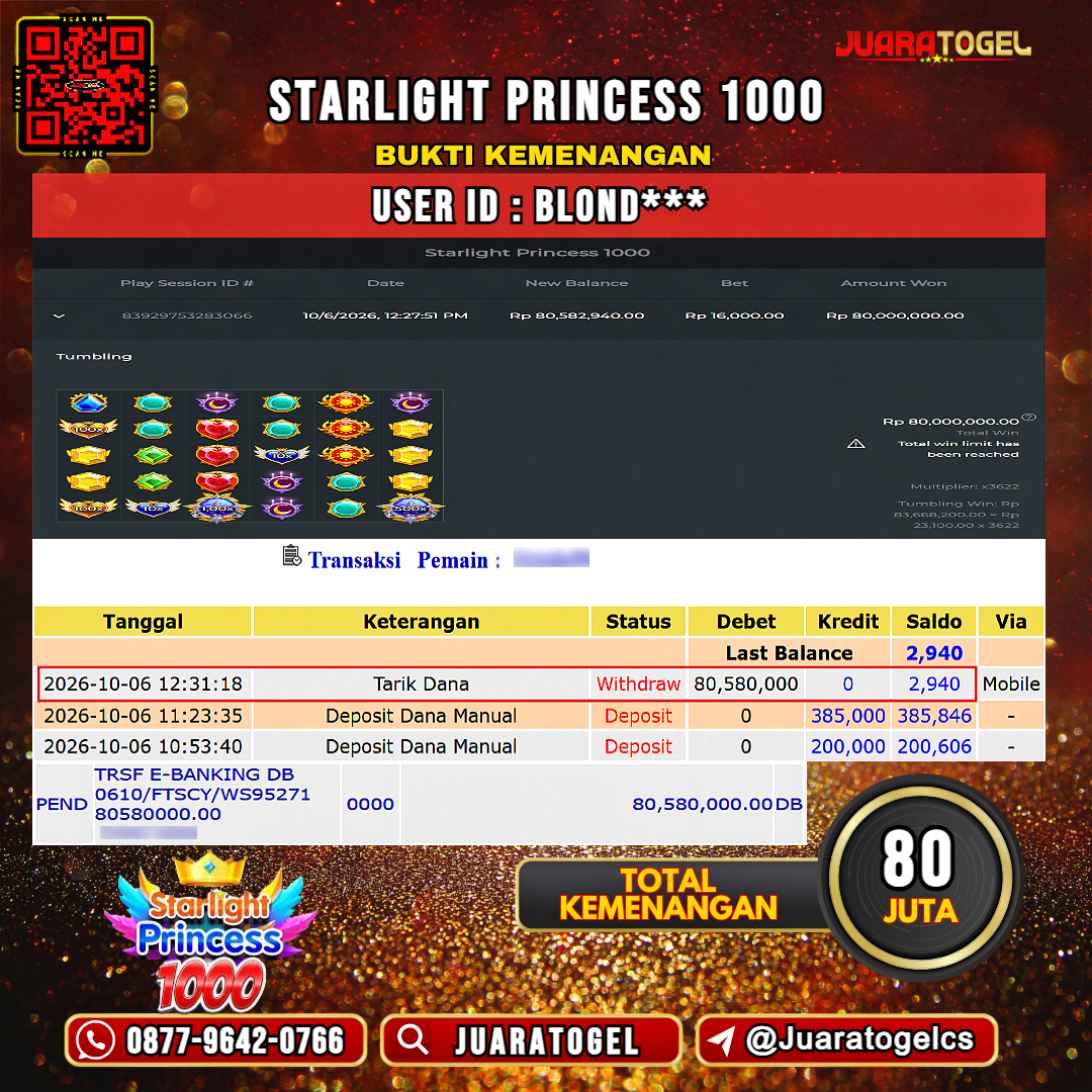 JUARATOGEL JACKPOT SLOT STARLIGHT PRINCESS 1000 Rp 80.000.000,- LUNAS USER ID :  BLOND***