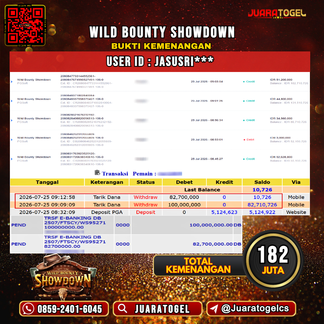 JUARATOGEL JACKPOT SLOT WILD BOUNTY SHOWDOWN Rp 182.000.000,- LUNAS USER ID : JASUSRI***