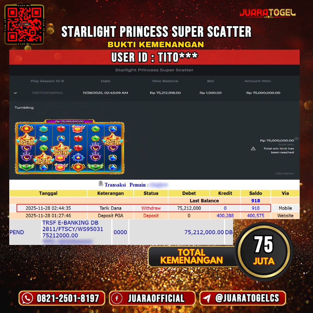  JUARATOGEL JACKPOT SLOT STARLIGHT PRINCESS SUPER SCATTER Rp 75.000.000,- LUNAS USER ID: TITO***