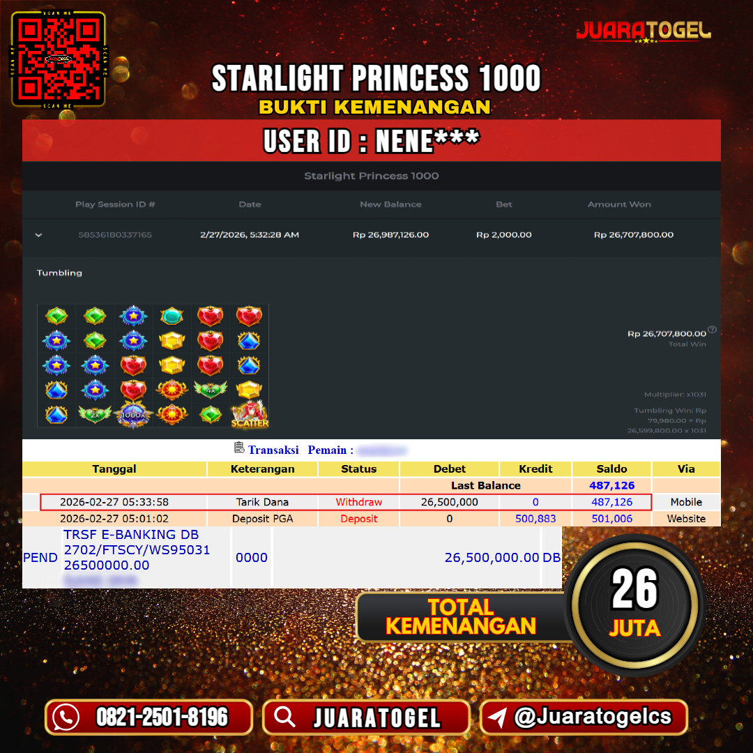  JUARATOGEL JACKPOT SLOT STARLIGHT PRINCESS 1000 Rp 26.000.000,- LUNAS USER ID: NENE***
