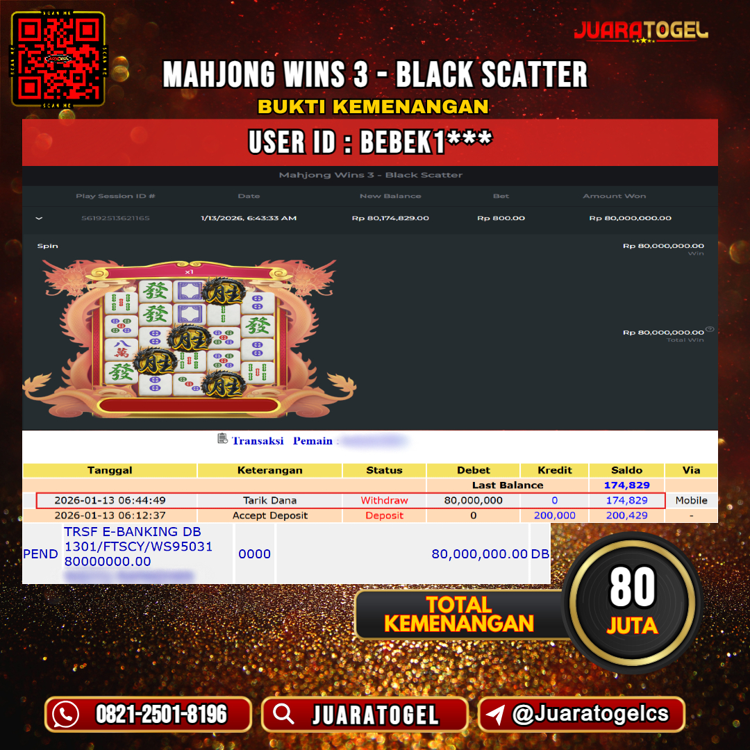    JUARATOGEL JACKPOT SLOT MAHJONG WINS 3 - BLACK SCATTER Rp 80.000.000,- LUNAS USER ID: BEBEK1***