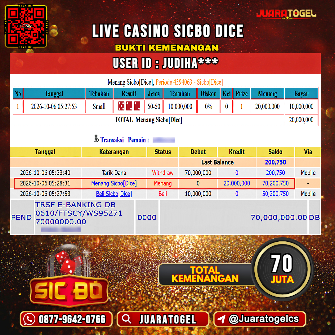  JUARATOGEL JACKPOT LIVE CASINO SICBO DICE Rp 70.000.000,- LUNAS USER ID : JUDIHA***