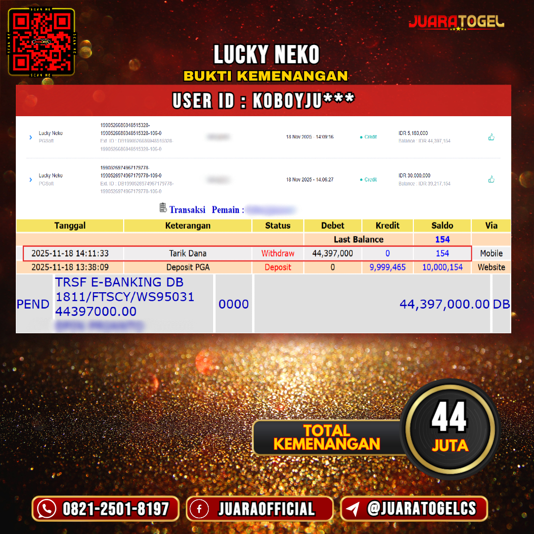   JUARATOGEL JACKPOT SLOT LUCKY NEKO Rp 44.000.000,- LUNAS USER ID: KOBOYJU***