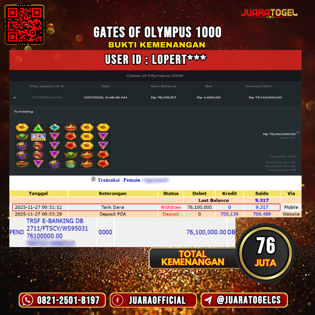  JUARATOGEL JACKPOT SLOT GATES OF OLYMPUS 1000 Rp 76.000.000,- LUNAS USER ID: LOPERT***