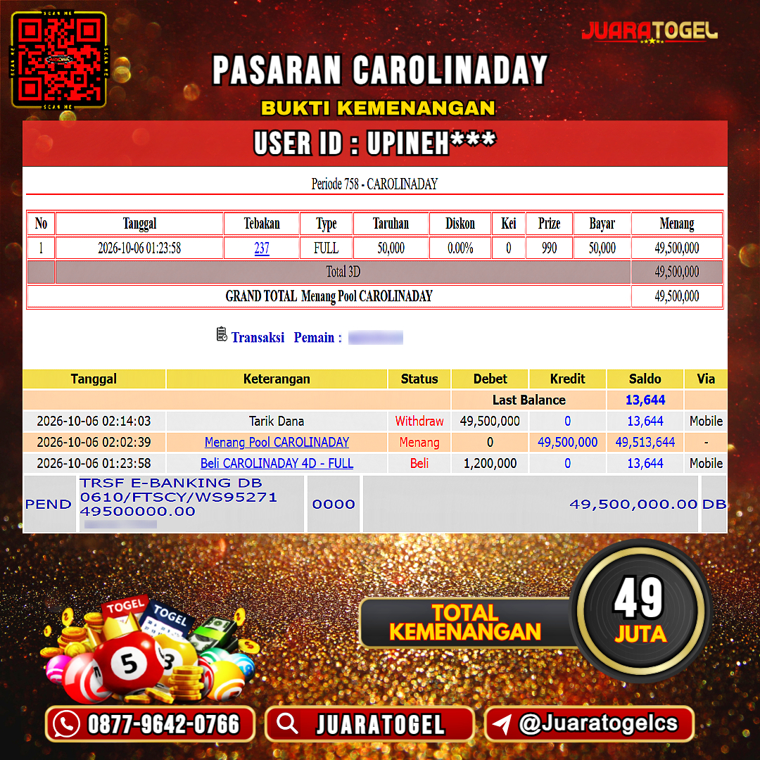  JUARATOGEL JACKPOT TOGEL PASARAN CAROLINADAY Rp 49.000.000,- LUNAS USER ID : UPINEH***