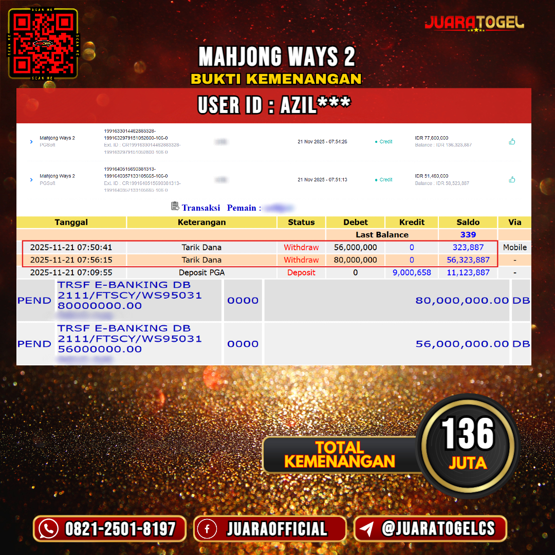  JUARATOGEL JACKPOT SLOT MAHJONG WAYS 2 Rp 136.000.000,- LUNAS USER ID: AZIL***