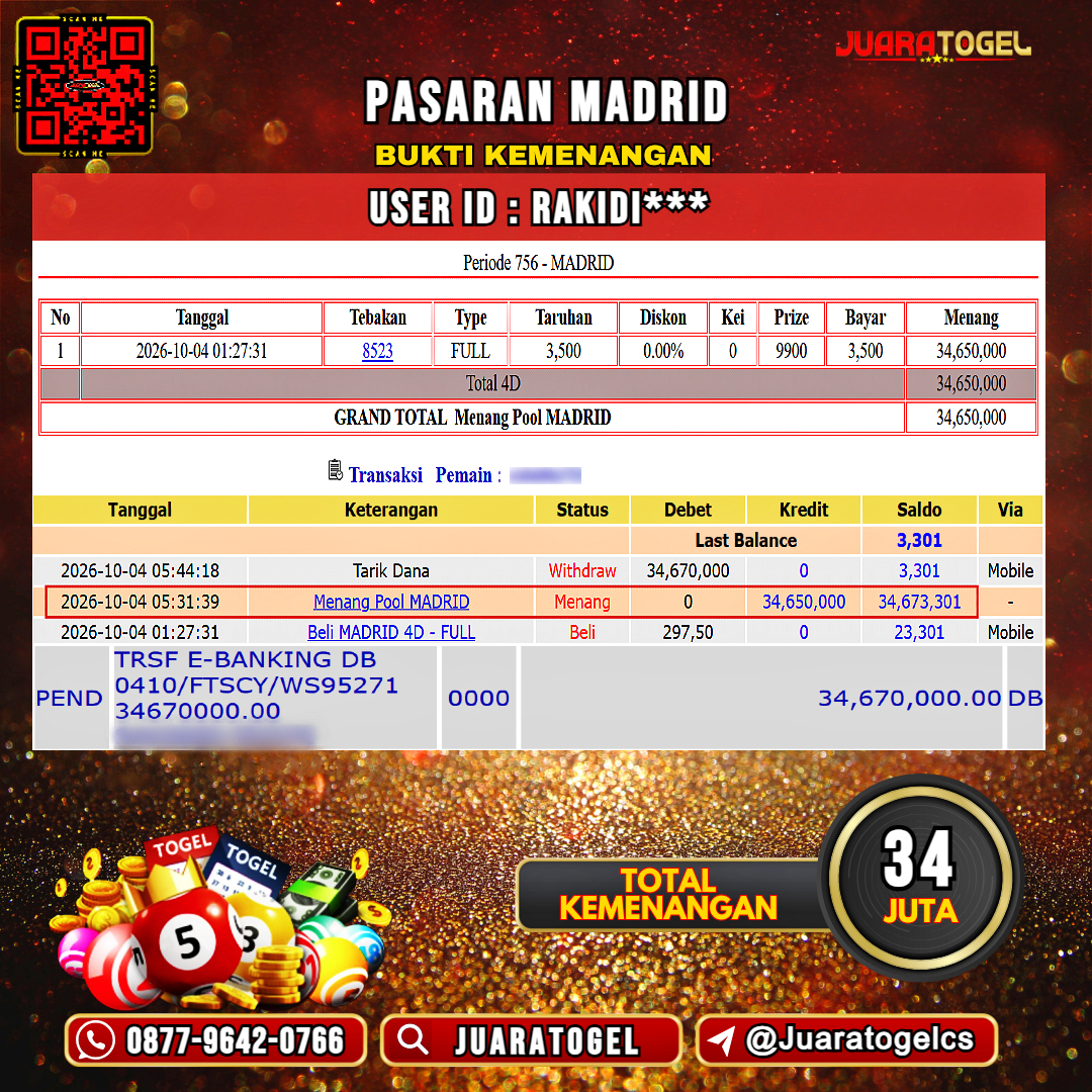  JUARATOGEL JACKP0T TOGEL PASARAN MADRID Rp 34.000.000,- LUNAS USER ID : RAKIDI*** 