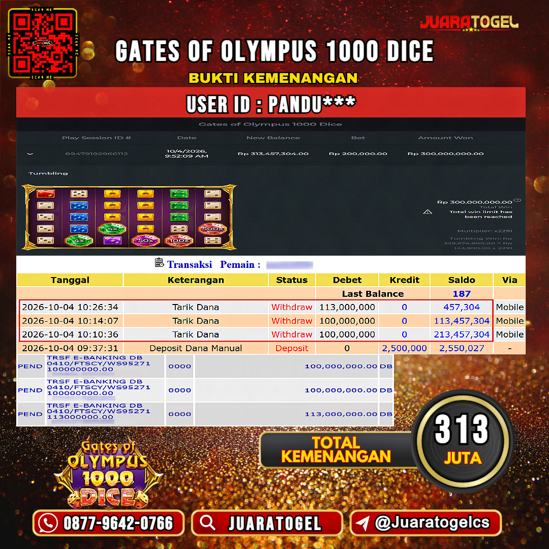  JUARATOGEL JACKPOT SLOT GATES OF OLYMPUS 1000 DICE Rp 313.000.000,- LUNAS USER ID : PANDU***   
