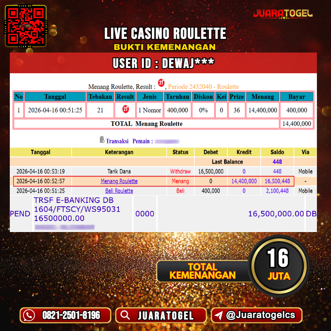 JUARATOGEL JACKPOT LIVE CASINO ROULETTE Rp 16.000.000,- LUNAS USER ID: DEWAJ***