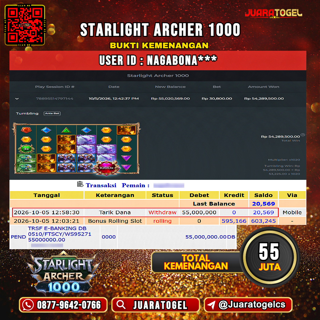  JUARATOGEL JACKPOT SLOT STARLIGHT ARCHER 1000 Rp 55.000.000,- LUNAS USER ID :  NAGABONA***