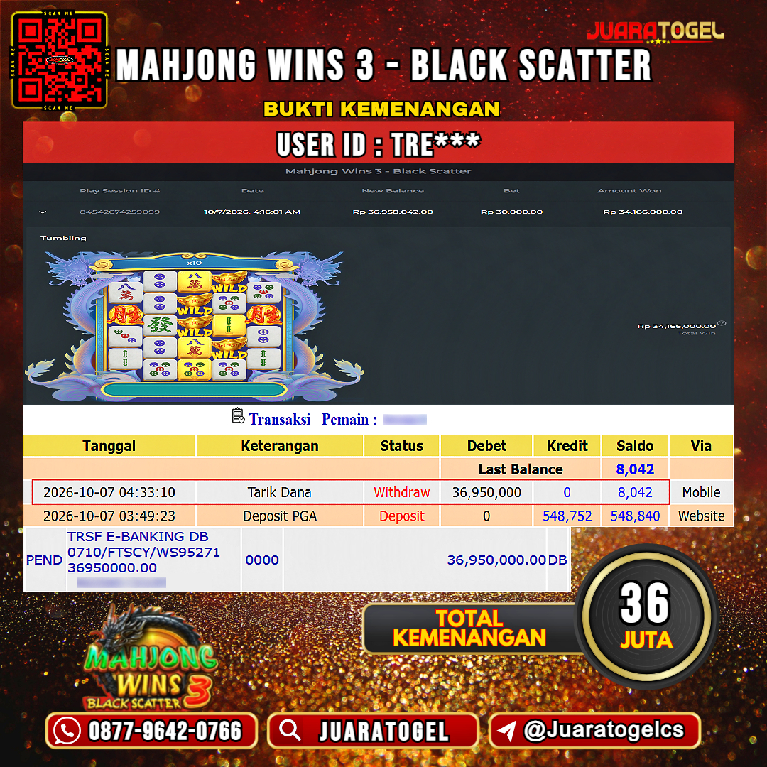  JUARATOGEL JACKPOT SLOT MAHJONG WINS 3 - BLACK SCATTER  Rp 36.000.000,- LUNAS USER ID :  TRE***