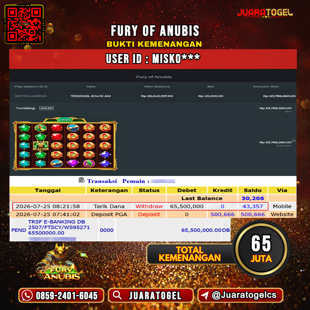 JUARATOGEL JACKPOT SLOT FURY OF ANUBIS Rp 65.000.000,- LUNAS USER ID : MISKO***