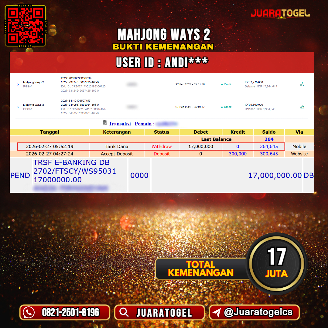  JUARATOGEL JACKPOT SLOT MAHJONG WAYS 2 Rp 17.000.000,- LUNAS USER ID: ANDI***