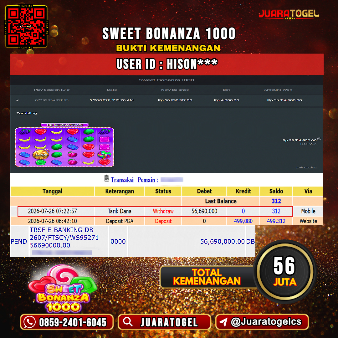 JUARATOGEL JACKPOT SLOT SWEET BONANZA 1000 Rp 56.000.000,- LUNAS USER ID : HISON***