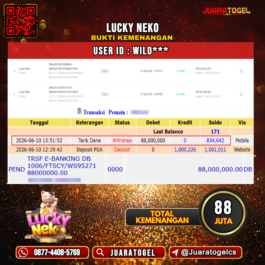   JUARATOGEL JACKPOT SLOT LUCKY NEKO Rp 88.000.000,- LUNAS USER ID : WILD***