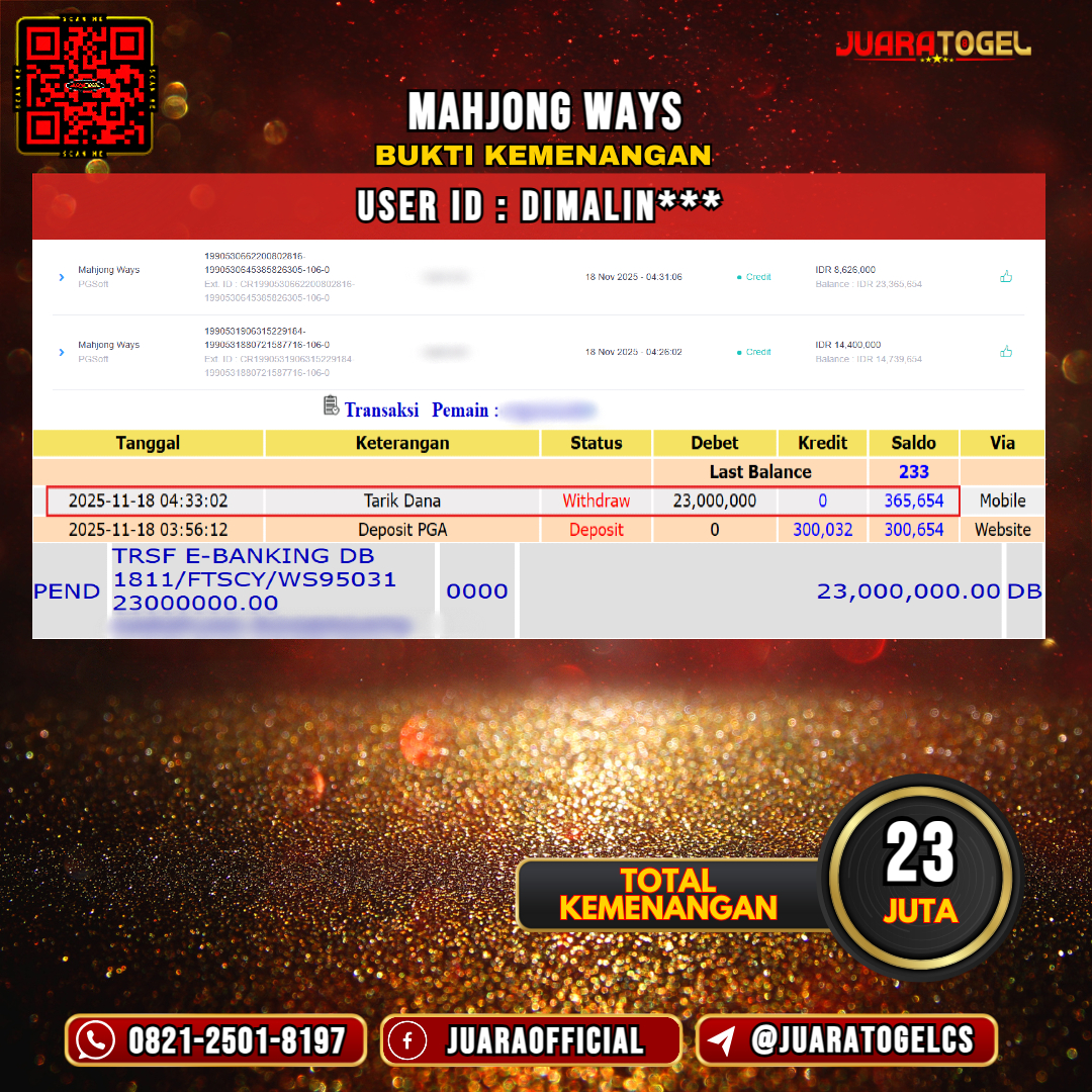   JUARATOGEL JACKPOT SLOT MAHJONG WAYS Rp 23.000.000,- LUNAS USER ID: DIMALIN***