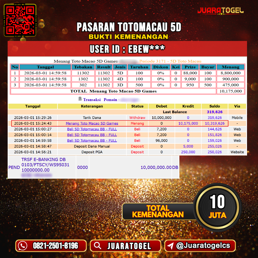  JUARATOGEL JACKPOT TOGEL PASARAN TOTOMACAU 5D Rp 10.000.000,- LUNAS USER ID: EBEW***