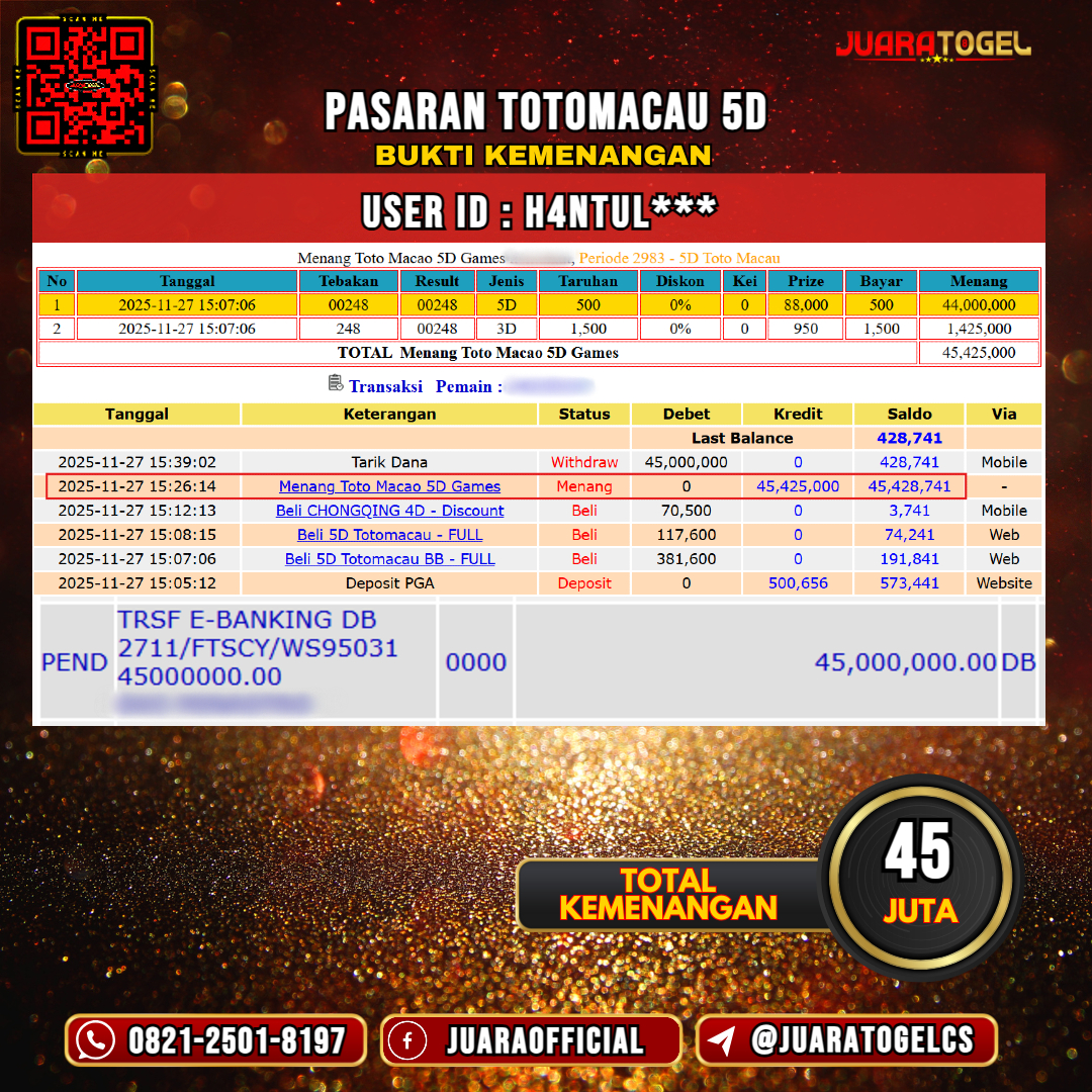  JUARATOGEL JACKPOT TOGEL PASARAN TOTOMACAU 5D Rp 45.000.000,- LUNAS USER ID: H4NTUL***
