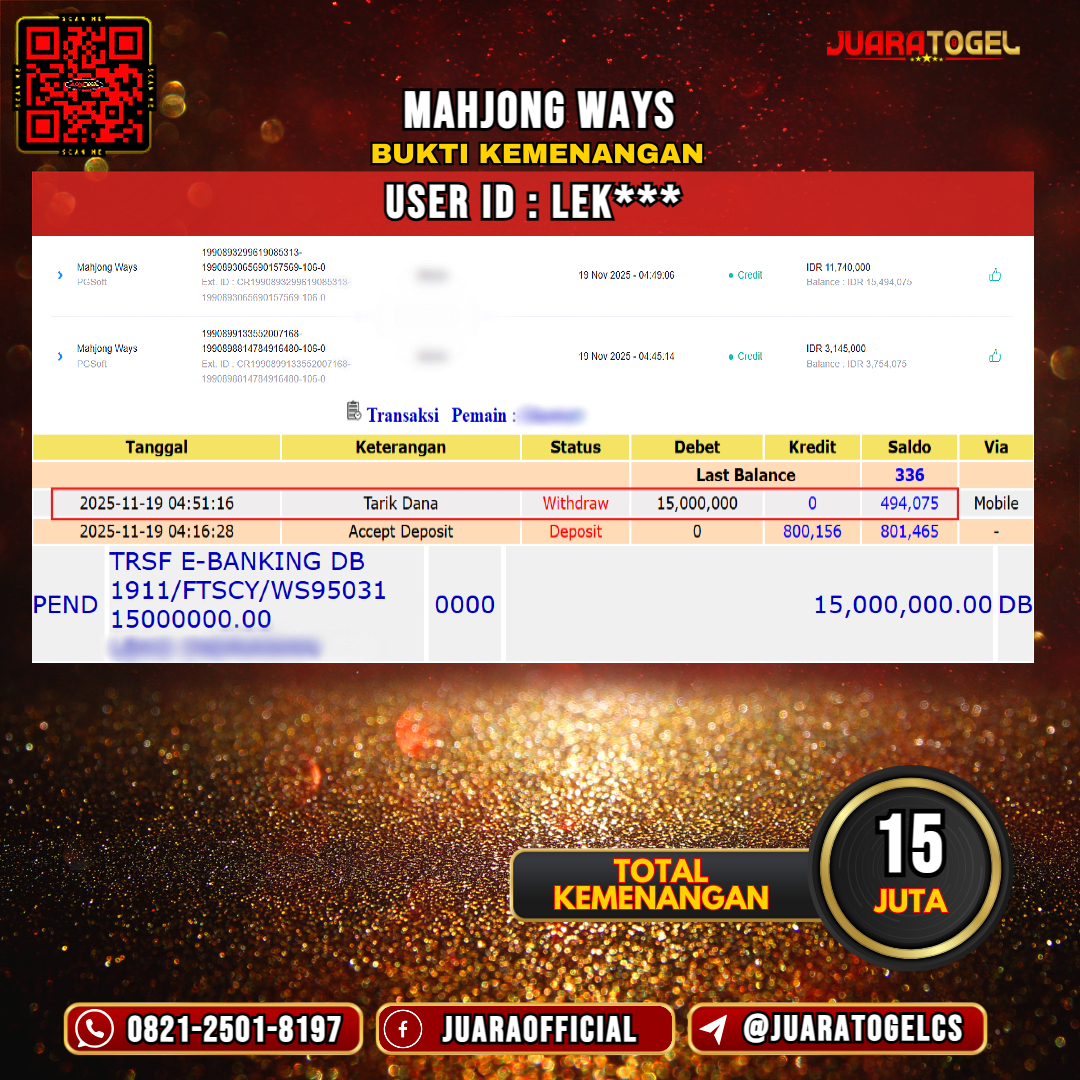   JUARATOGEL JACKPOT SLOT MAHJONG WAYS Rp 15.000.000,- LUNAS USER ID: LEK***
