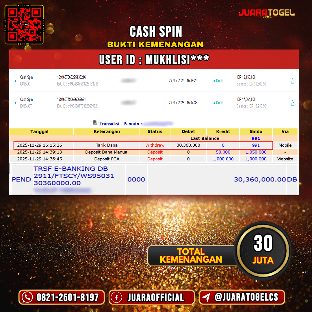  JUARATOGEL JACKPOT SLOT CASH SPIN Rp 30.000.000,- LUNAS USER ID: MUKHLISI***
