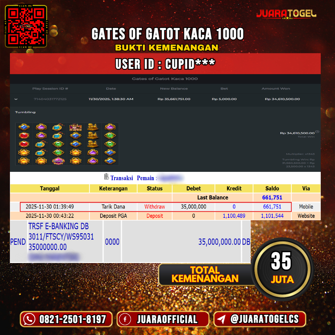  JUARATOGEL JACKPOT SLOT GATES OF GATOT KACA 1000 Rp 35.000.000,- LUNAS USER ID: CUPID***