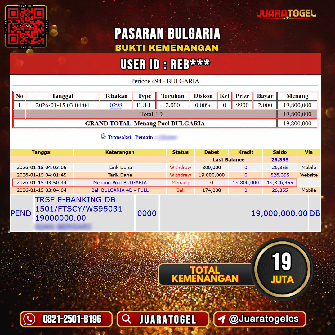    JUARATOGEL JACKPOT TOGEL PASARAN BULGARIA Rp 19.000.000,- LUNAS USER ID: REB***