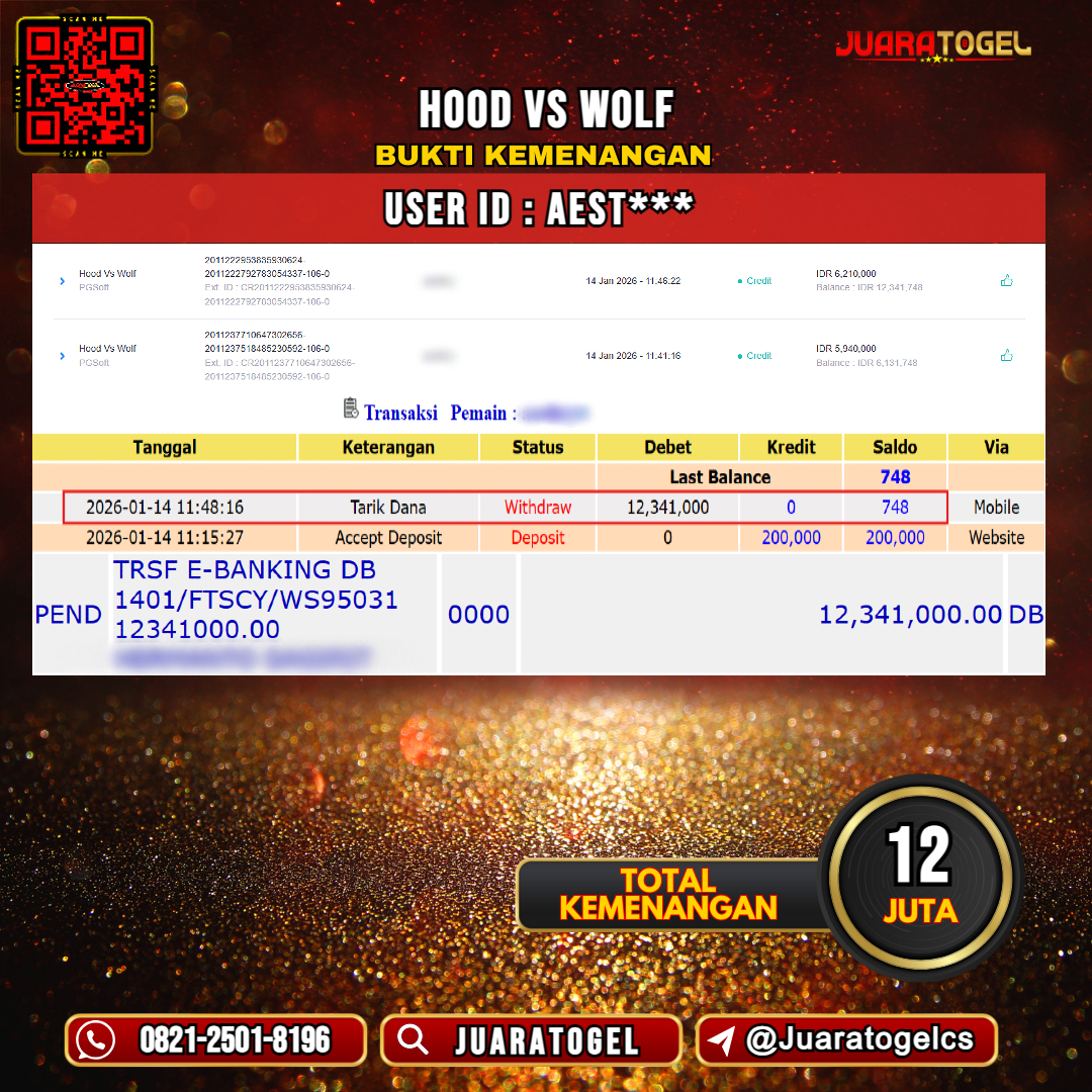    JUARATOGEL JACKPOT SLOT HOOD VS WOLF Rp 12.000.000,- LUNAS USER ID: AEST***