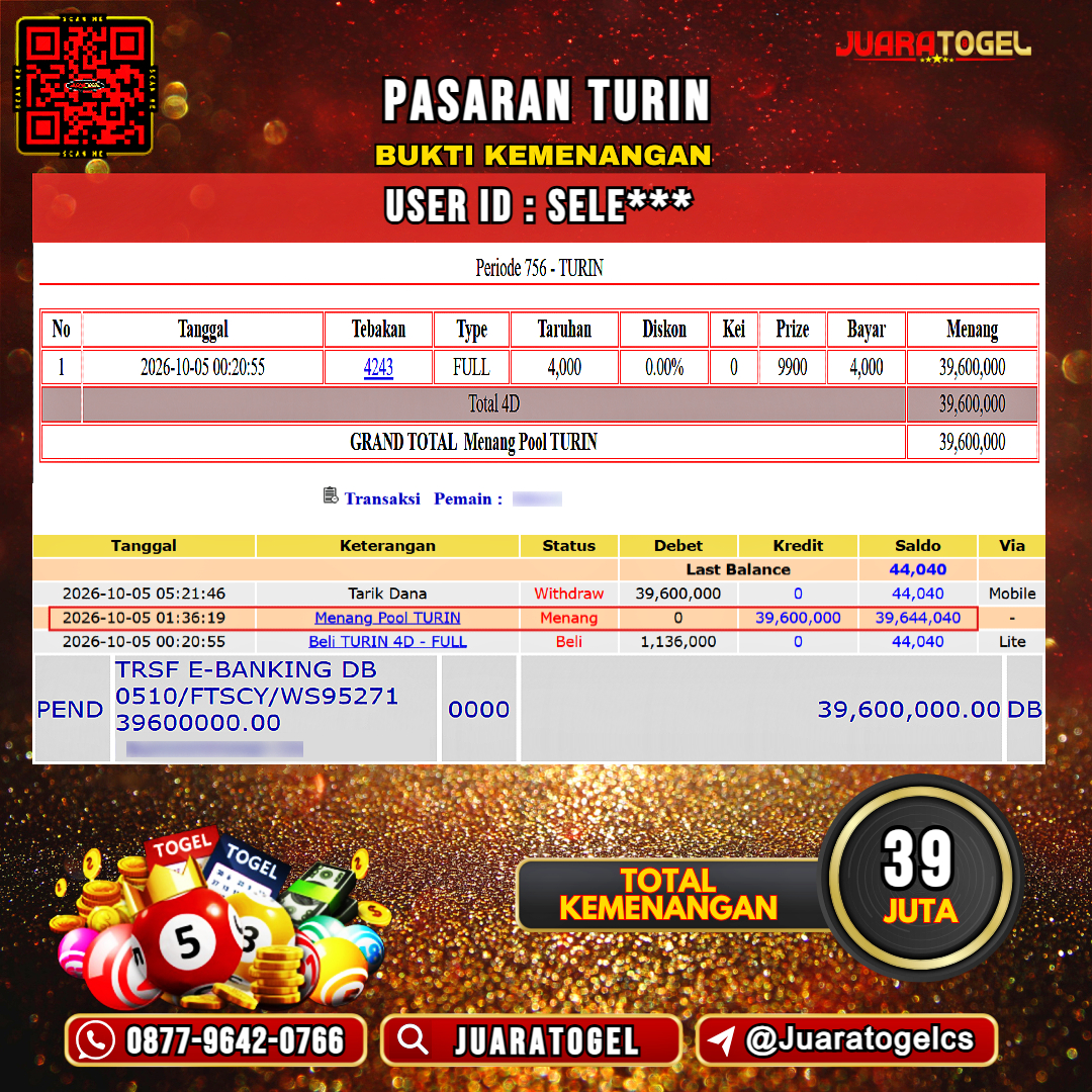  JUARATOGEL JACKPOT TOGEL PASARAN TURIN Rp 39.000.000,- LUNAS USER ID : SELE***