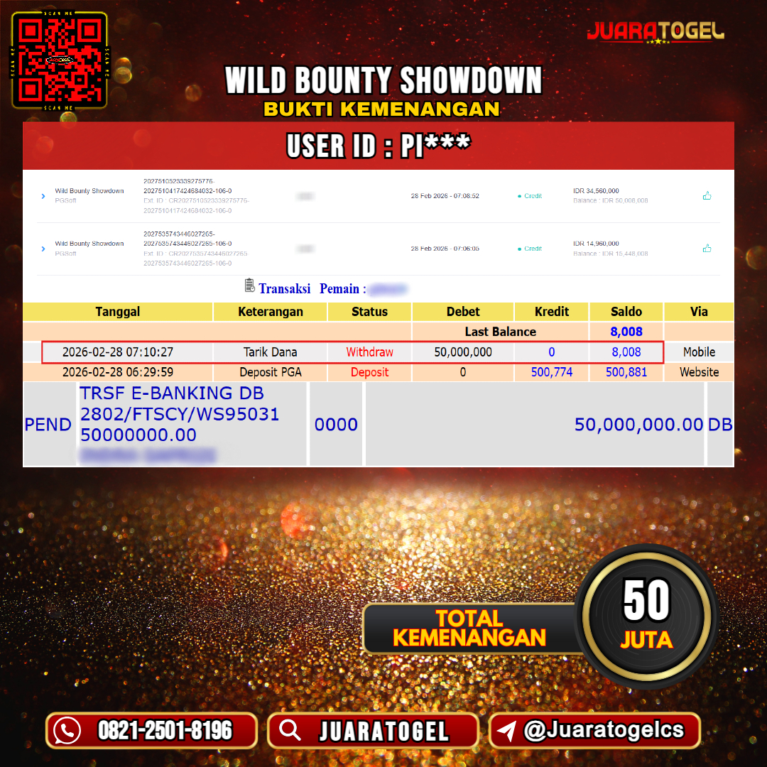  JUARATOGEL JACKPOT SLOT WILD BOUNTY SHOWDOWN Rp 50.000.000,- LUNAS USER ID: PI***
