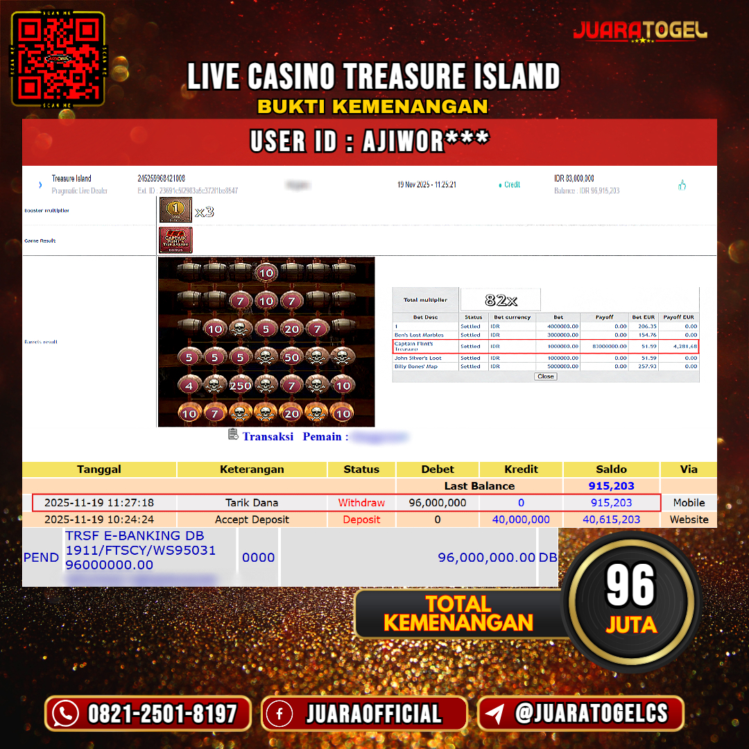   JUARATOGEL JACKPOT LIVE CASINO TREASURE ISLAND Rp 96.000.000,- LUNAS USER ID: AJIWOR***
