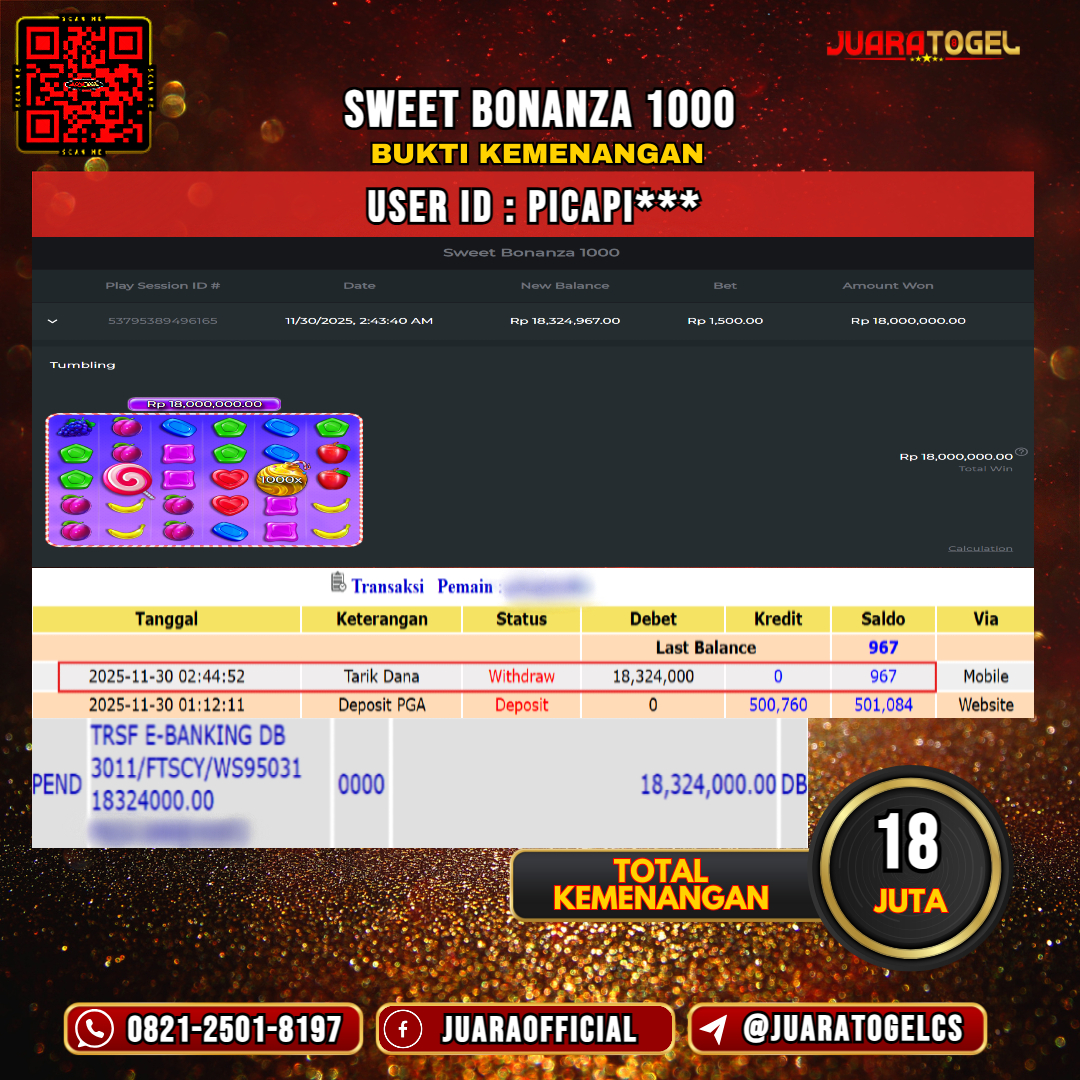  JUARATOGEL JACKPOT SLOT SWEET BONANZA 1000 Rp 18.000.000,- LUNAS USER ID: PICAPI***