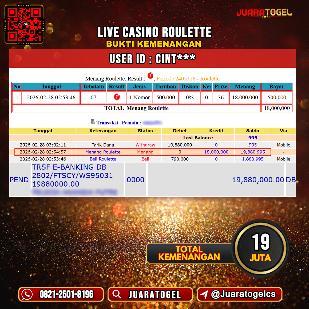  JUARATOGEL JACKPOT LIVE CASINO ROULETTE Rp 19.000.000,- LUNAS USER ID: CINT***