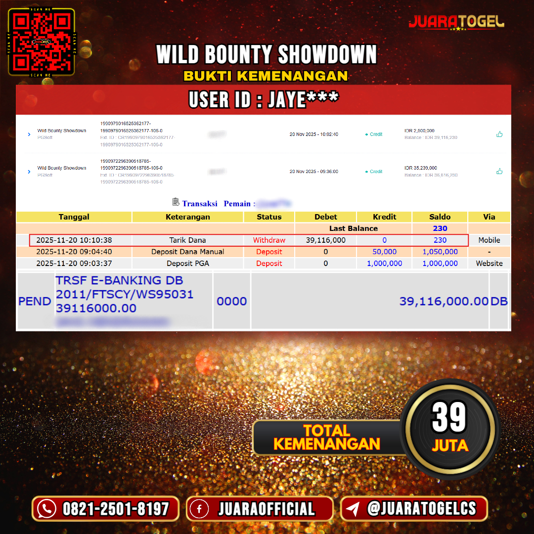   JUARATOGEL JACKPOT SLOT WILD BOUNTY SHOWDOWN Rp 39.000.000,- LUNAS USER ID: JAYE***