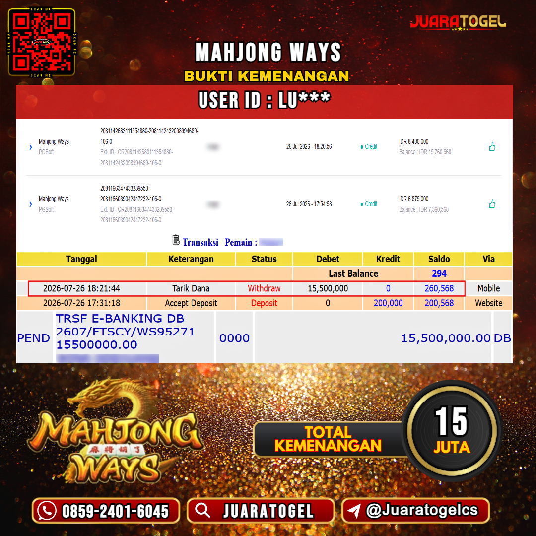 JUARATOGEL JACKPOT SLOT MAHJONG WAYS Rp 15.000.000,- LUNAS USER ID : LU***