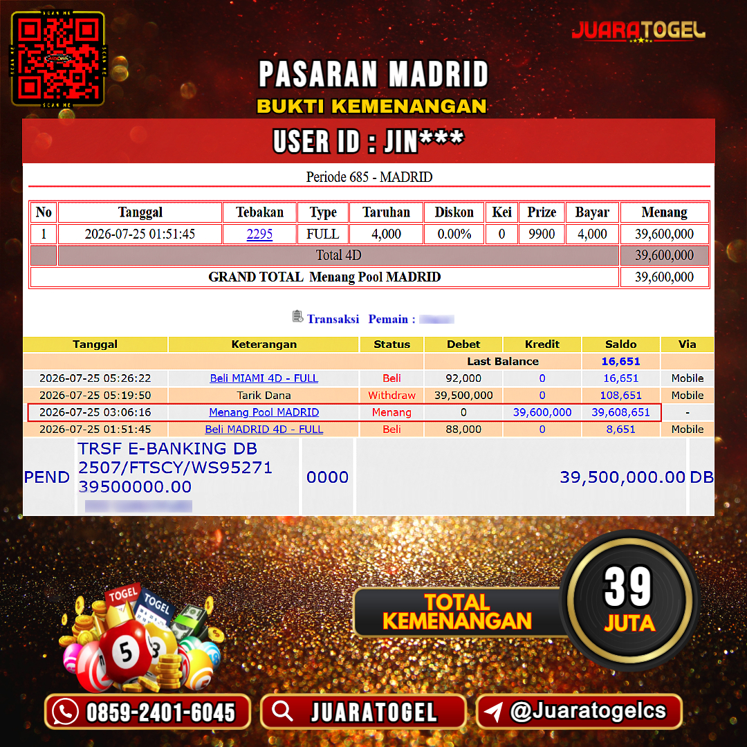  JUARATOGEL JACKPOT TOGEL PASARAN MADRID Rp 39.000.000,- LUNAS USER ID : JIN***