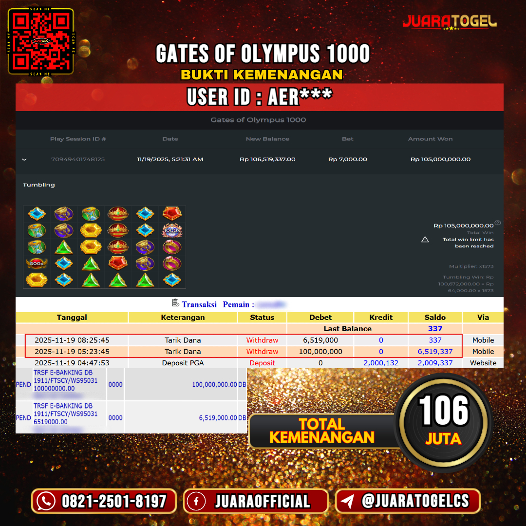   JUARATOGEL JACKPOT SLOT GATES OF OLYMPUS 1000 Rp 106.000.000,- LUNAS USER ID: AER***