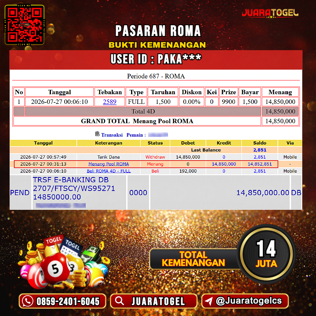 JUARATOGEL JACKPOT TOGEL PASARAN ROMA Rp 14.000.000,- LUNAS USER ID : PAKA***