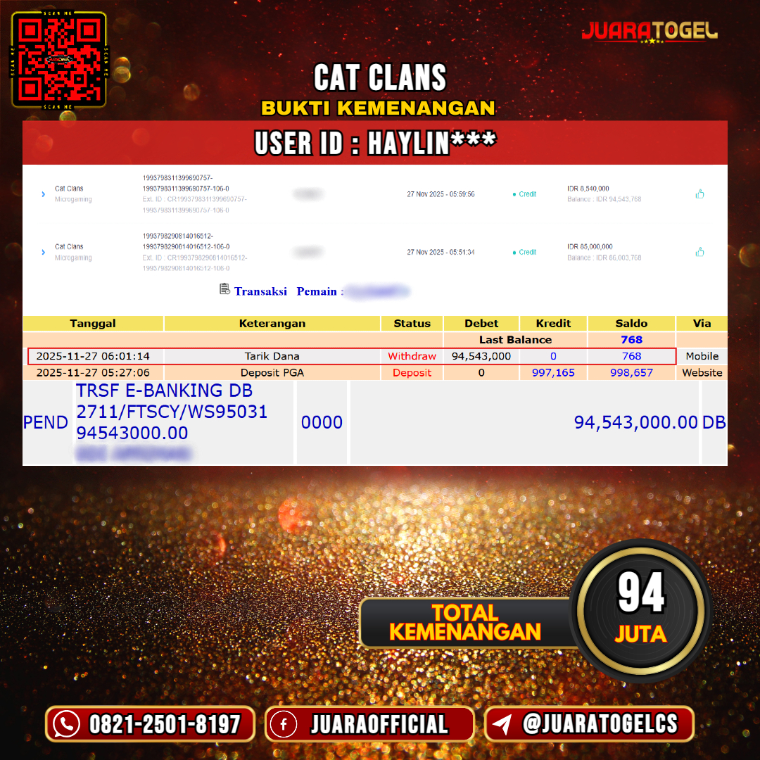  JUARATOGEL JACKPOT SLOT CAT CLANS Rp 94.000.000,- LUNAS USER ID: HAYLIN***